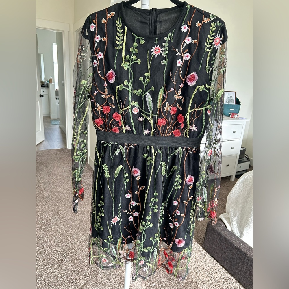 Floral Embroidered Black Dress